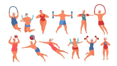 Set of old people doing exercise with swimming pool equipment. Stock Illustration