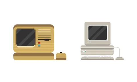 Set of Old Personal Computers, Retro Office Workspace Devices Flat Vector Stock Illustration