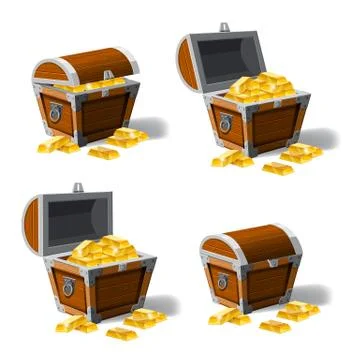 Set old pirate chests full of gold bars, vector, cartoon style, illustration Illustrazione stock