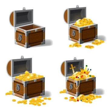 Set old pirate chests full of treasures, gold coins, ingots, jewelry, crown Stock Illustration