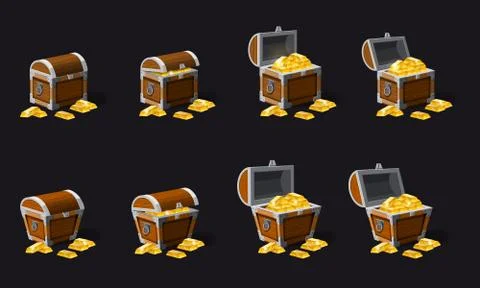Set old pirate chests full of treasures, gold vector, cartoon style Stock Illustration
