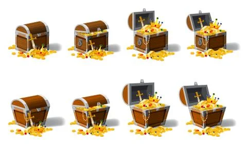 Set old pirate chests full of treasures, gold coins, vector, cartoon style 库存插图