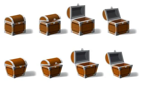 Set old pirate chests full of treasures, gold coins, vector, cartoon style Stock Illustration