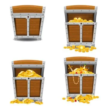 Set old pirate chests full of treasures, gold bars, gold coins, crown, dagger Illustrazione stock