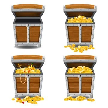 Set old pirate chests full of treasures, gold bars, gold coins, crown, dagger Stock Illustration