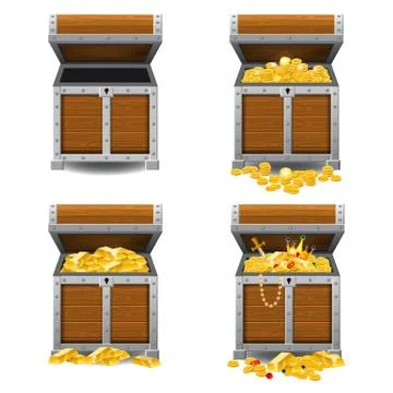 Set old pirate chests full of treasures, gold bars, gold coins, crown, dagger Stock Illustration