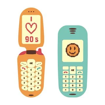 A set of old push-button mobile phones from the 90s. Vector in retro style. イラスト素材