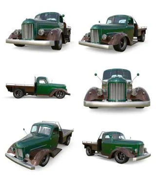 Set old restored pickup. Pick-up in the style of hot rod. 3d illustration. Green Illustrazione stock