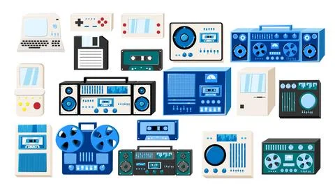 Set of old retro vintage isometry tech electronics: cassette audio tape rec.. Stock Illustration