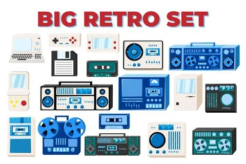 Set of old retro vintage isometry tech electronics: cassette audio tape rec.. Stock Illustration