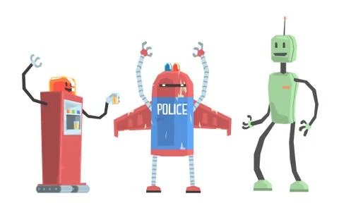 Set of old scratched robots. Vector illustration. Stock Illustration