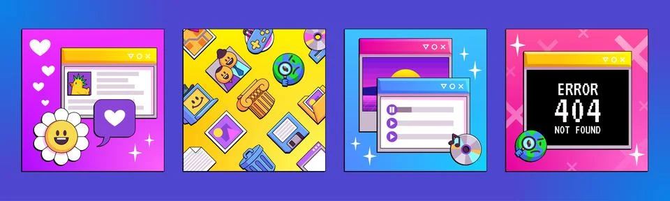 Set of old software windows, y2k vaporwave style Stock Illustration