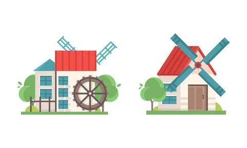 Set of Old Stone Mills, Ancient Windmill Rural Buildings Cartoon Vector Stock Illustration