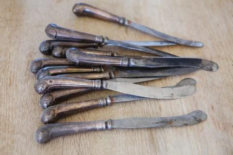 Set of old table knives. Stock Photos