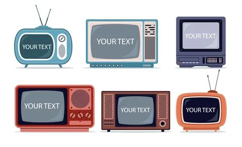 Set old televisions with text. Frame with copy space. Old media technology. 80s Stock Illustration