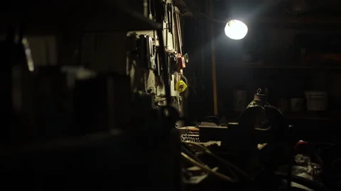 A set of old tools, a work table, hammers, pliers and more. Stock Footage 216472205