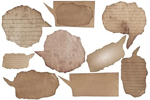 A set of old torn brown paper speech bubbles. Vintage chat icons isolated o.. Stock Photos