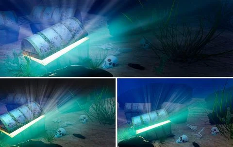 Set of The old treasure chest sunk under the sea. The light shone out of the  Stock Illustration