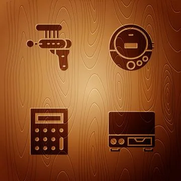 Set Old video cassette player, Ray gun, Calculator and Music CD on wooden Stock Illustration