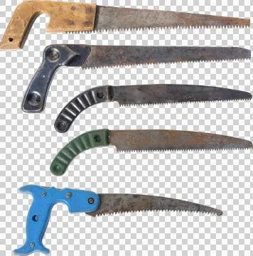 Set of old vintage garden hand pruning saws.  Stock Photos