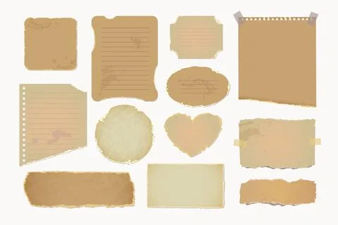 Set of old vintage paper notes with torn edges, stains, and textured surfaces Illustrazione stock