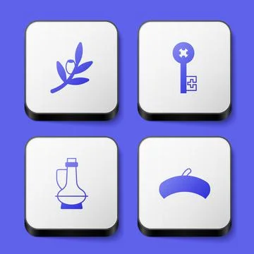 Set Olives branch, Old key, Bottle of olive oil and French beret icon. White  Stock Illustration