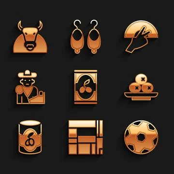 Set Olives in can, House Edificio Mirador, Football ball, on plate, Bullfight Stock-Illustration