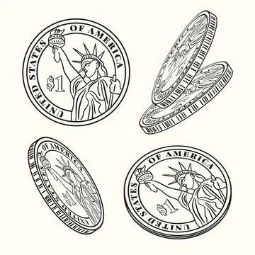 Set of one dollar coins with statue of liberty Illustrazione stock