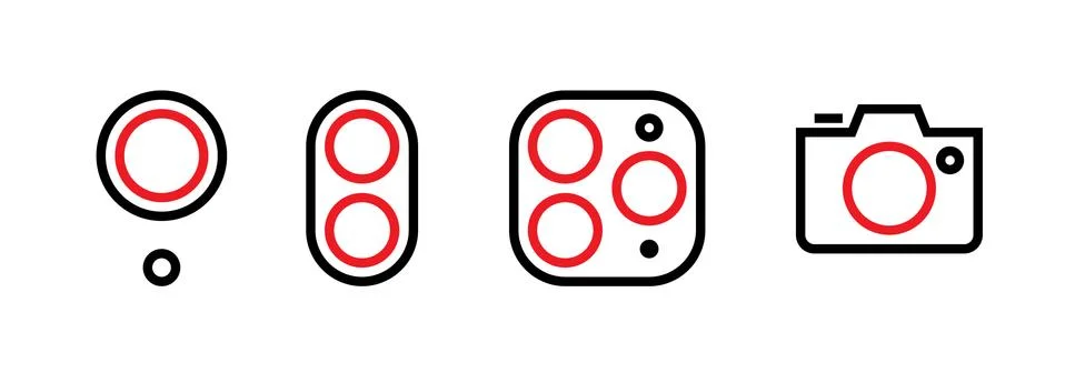 Set of one, dual, three lenses and a camera icons. Editable line vector. Stock Illustration