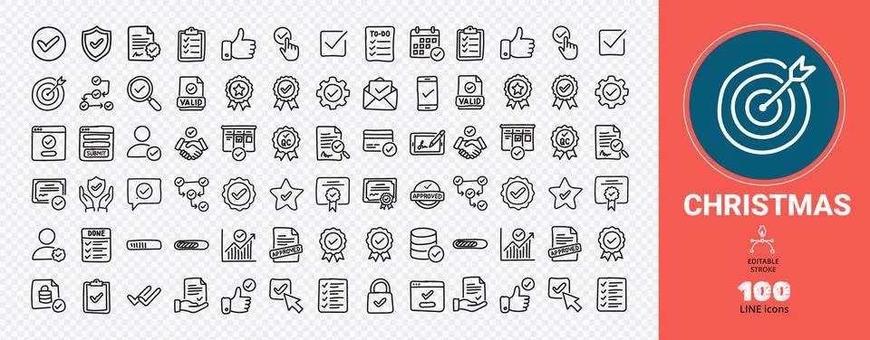 Set of one hundred doodle vector line icons representing validation approva.. Ilustração Stock