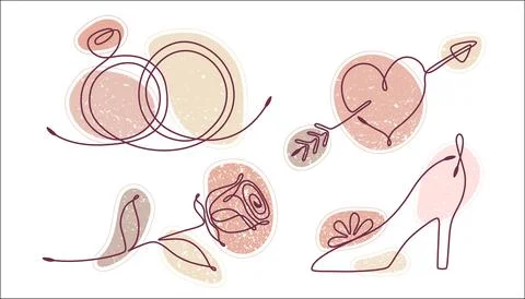 Set of one line drawing of romantic elements Stock Illustration