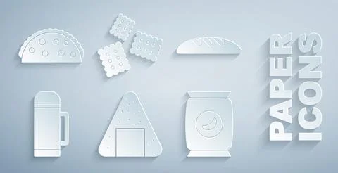 Set Onigiri, Bread loaf, Thermos container, Bag or packet potato chips, Cracker Stock Illustration