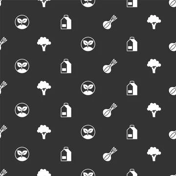 Set Onion, Broccoli, Sprout and Paper package for milk on seamless pattern... Stock Illustration