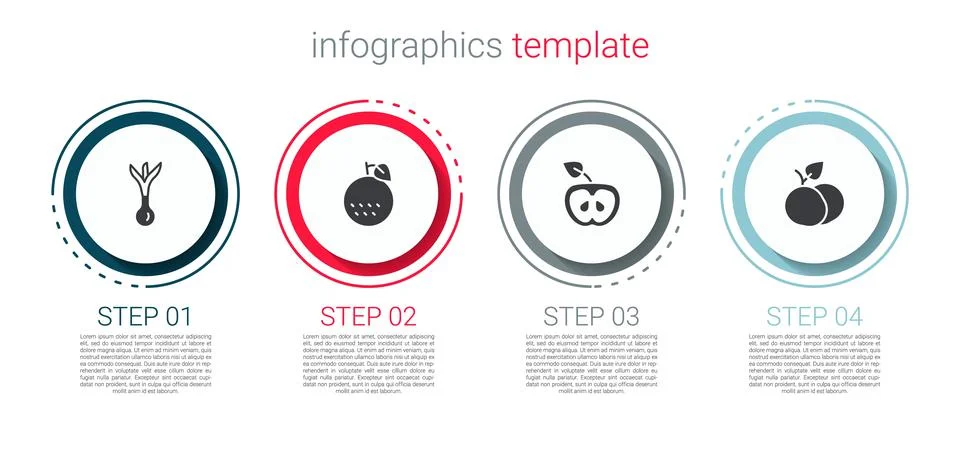 Set Onion, Orange fruit, Apple and Mango. Business infographic template. Vect Stock Illustration