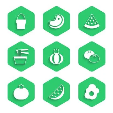 Set Onion, Watermelon, Scrambled egg, Bread loaf, Tomato, Asian noodles in bowl Stock Illustration