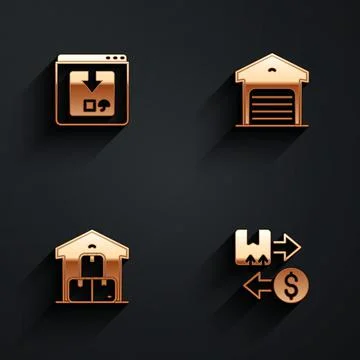 Set Online app delivery tracking, Warehouse, Full warehouse and Tax cardboard Illustrazione stock