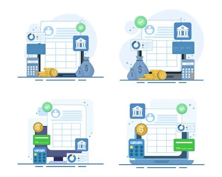 Set of online banking and cloud based accounting software illustrations Stock Illustration