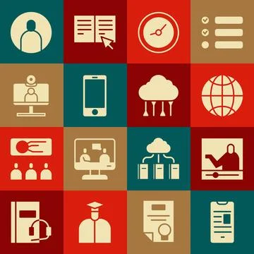 Set Online book on mobile, education, Social network, Clock, Mobile phone, .. Stock Illustration