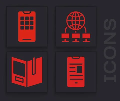 Set Online book on mobile, Mobile phone, Computer network and Open book icon Illustrazione stock