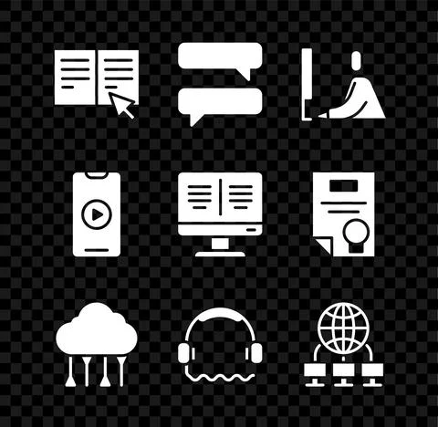 Set Online book, Speech bubble chat, Student working laptop, Network cloud Illustrazione stock