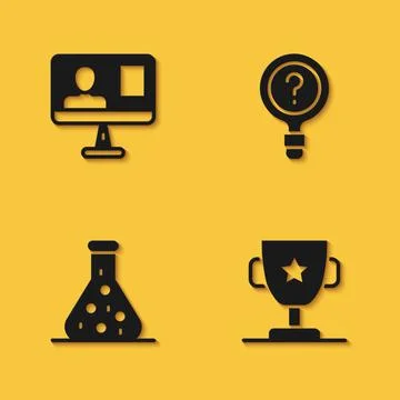 Set Online class, Award cup, Test tube and Unknown search icon with long shadow Stock Illustration