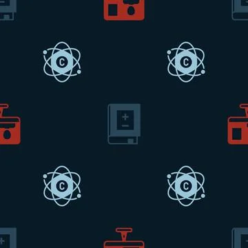 Set Online class, Book with mathematics and Atom on seamless pattern. Vector Illustrazione stock