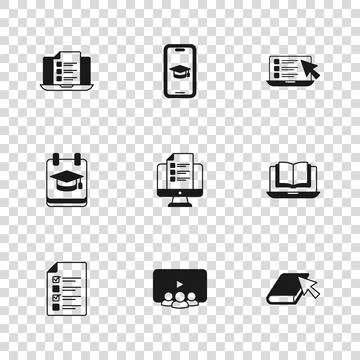 Set Online class, book, quiz, test, survey, Graduation cap on mobile and ed.. Stock-Illustration