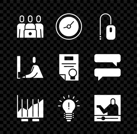 Set Online class, Clock, Computer mouse, Pie chart infographic, Light bulb with Illustrazione stock