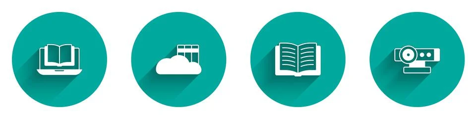 Set Online class, Cloud or online library, Open book and Web camera icon with 스톡 일러스트