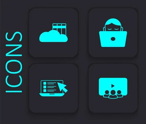 Set Online class, Cloud or online library, Student working at laptop and quiz Stock Illustration