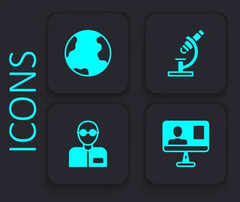 Set Online class, Earth globe, Microscope and Teacher icon. Black square button Stock Illustration