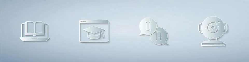Set Online class, education, Question and Answer and Web camera. Paper art style 스톡 일러스트