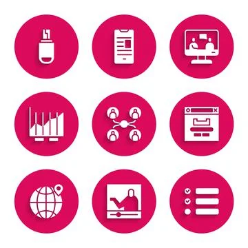 Set Online class, education, Task list, Browser window, Location the globe, Pie Stock Illustration