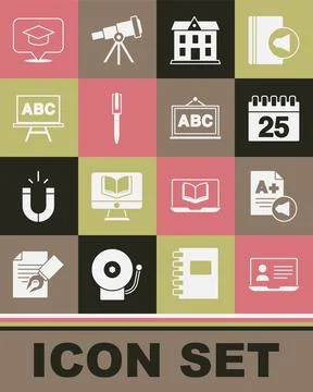 Set Online class, Exam sheet with A plus grade, Calendar, School building, Pen Stock Illustration